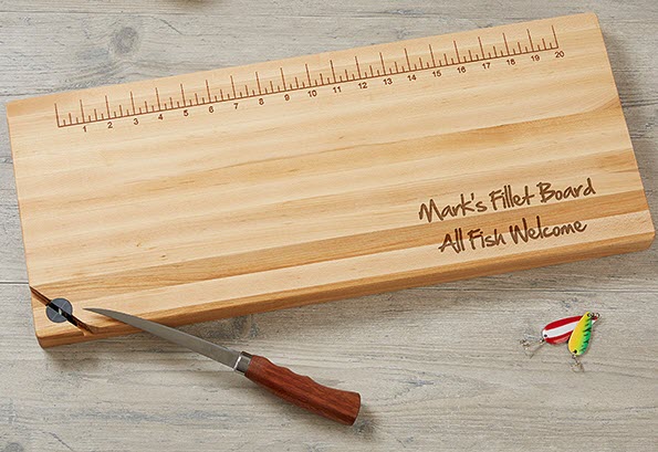 Personalized-Maple-Fillet-Board | Food For Net Cutting board with measurements, writing, a honing tool and a knife