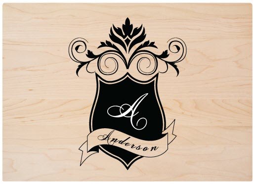 Personalized-Ornamental-Family-Shield-Engraving | Food For Net Cutting board with a family shield in black