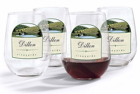 Personalized Vineyards Wine Glasses | Food For Net Four glasses with a colored personalized image