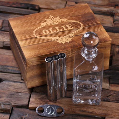 Personalized Whiskey Decanter Set With Cigar Cutter And Case | Food For Net A whiskey decanter, cigar/flask, cigar cutter and engraved box
