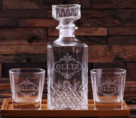 Personalized Wood Tray with Decanter and Whisky Rocks | Food For Net Wooden tray with two glasses and a whiskey decanter