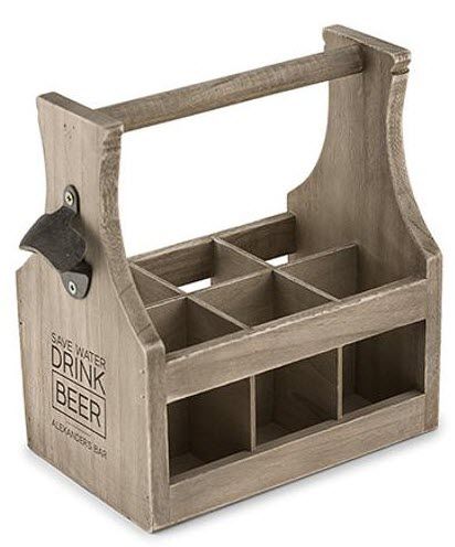 Crate-based beer holder with engraving and a beer opener