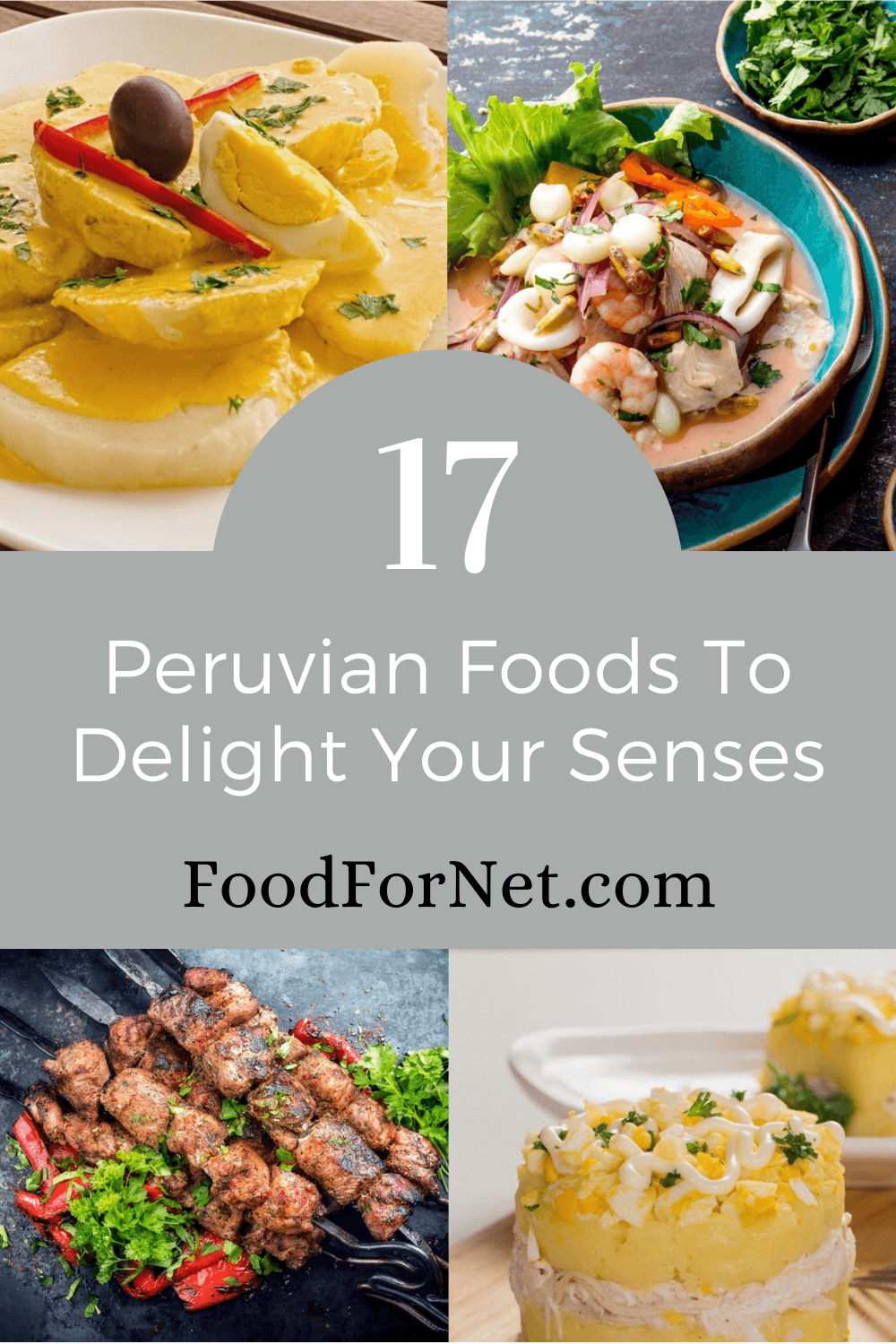 Four types of Peruvian meals that are ready to eat, including causa and anticuchos