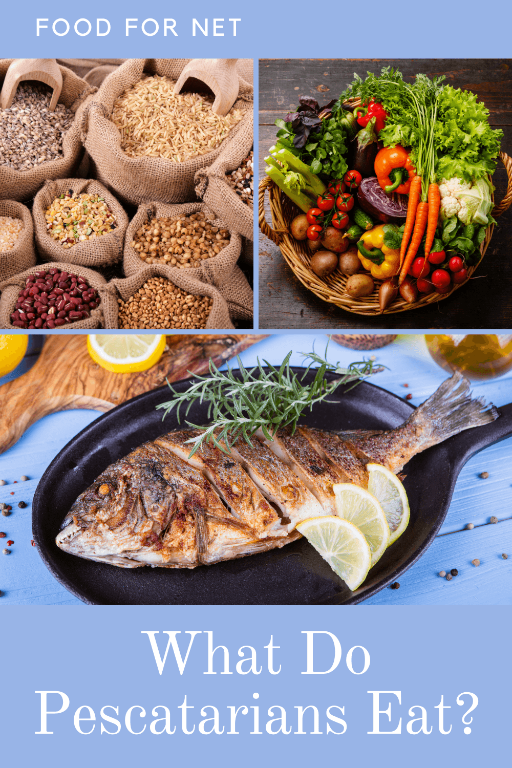 A cooked fish, some whole grains, and fresh vegetables - all examples of pescatarian food