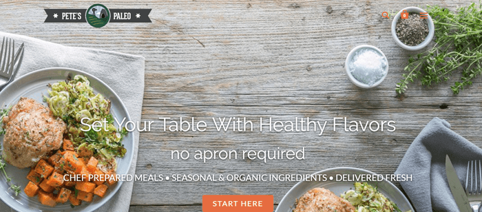 Pete’s-Paleo-website-screenshot | Food For Net Pete’s Paleo website screenshot showing two meals on a gray wooden table.