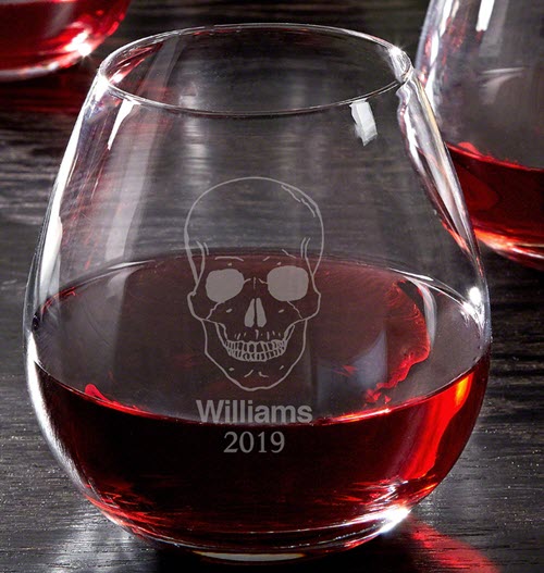 Phantom Skull Stemless Glass | Food For Net Wine glass with an engraved skull and the words Williams 2019