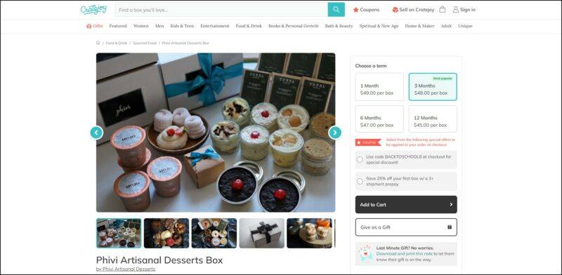 screenshot of Phivi Artisanal Desserts Box's subscription page via CrateJoy, dominantly white page with the details of the subscription and image of the different desserts