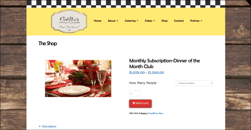 screenshot of PickNic’s Catering Dinner of the Month Club's web page, with wood design background, main content area is mostly white with black and white to banner followed by a yellow header with the website's name and main navigation menu, main content area details the information of the dinner subscription alongside an image of a beautiful dinner table set