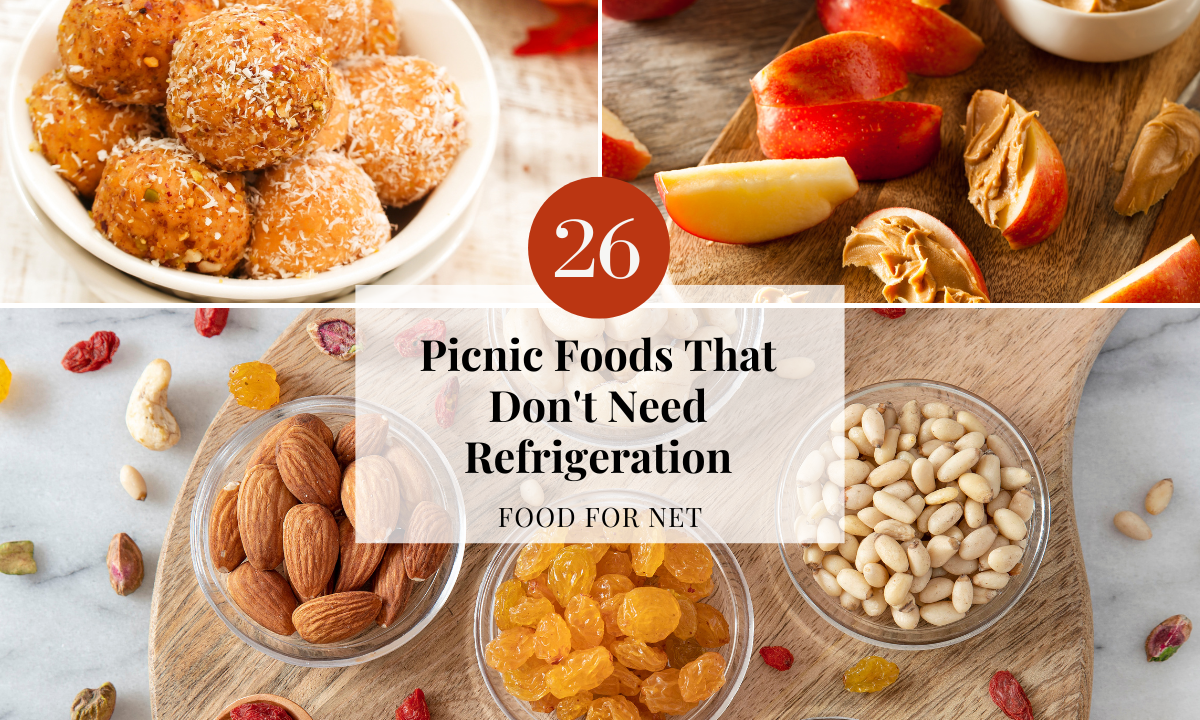 A selection of picnic foods that don't need refrigeration, including nuts, seeds, apples with peanut butter, and protein bites