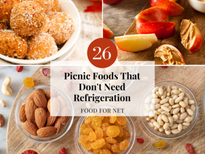 A selection of picnic foods that don't need refrigeration, including nuts, seeds, apples with peanut butter, and protein bites