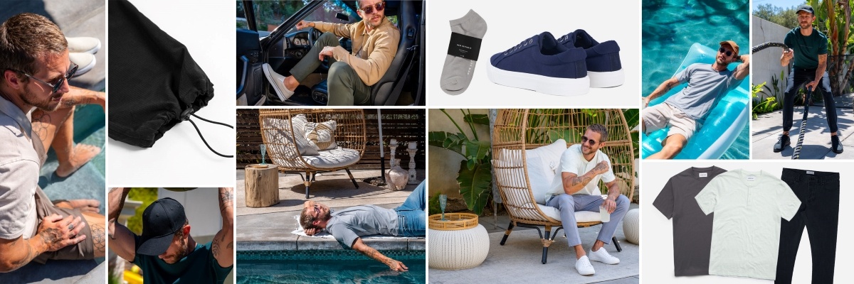 Picture collage of men modeling various outfits and clothes and photos of men’s accessories too