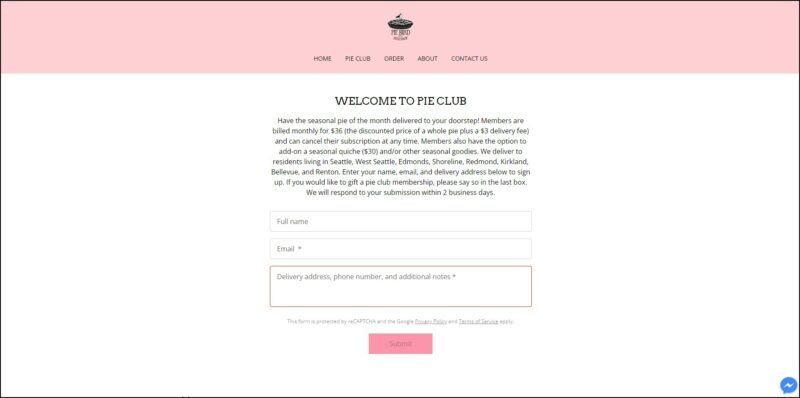 screenshot of Pie Bird Bakeshop Pie Club's page, dominantly white page with a pink header bearing the website's name and logo and the main menu, the page displays the details of the pie club subscription