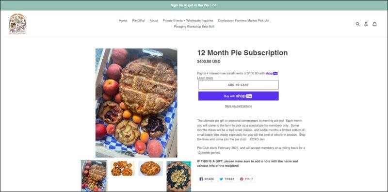 Pie Bird Farm Pie Subscription | Food For Net screenshot of Pie Bird Farm Pie Subscription's web page, light green announcement bar on top of a dominantly white page with the website's logo and main menu, the page displays the details of the subscriptions