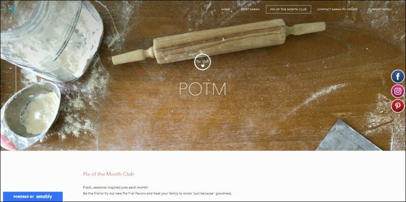 screenshot of Pie Y’all Pie of the Month Club's web page, a closeup image of a wood surface with wooden rolling pins, pastry, and flour used as background image, with the websites name and main menu on top and the website's logo and text overlay 