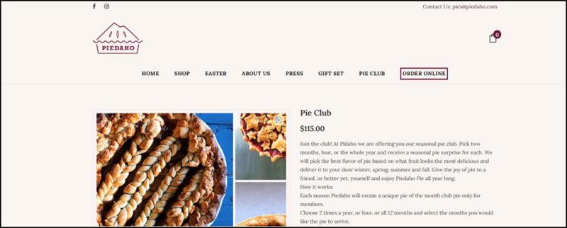 A website screenshot from Piedaho, showing various pies, plus a description of the club