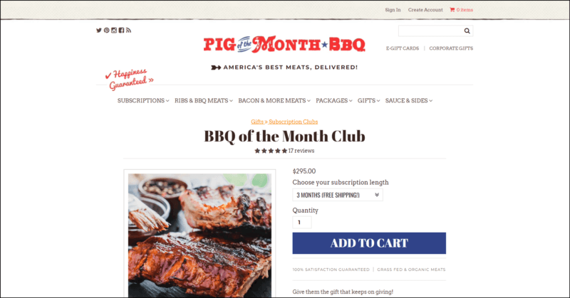 screenshot of Pig of the Month BBQ Of The Month Club's web page, the website's name/logo is on top followed by the main navigation menu, the main content area shows the information regarding the bbq of the month club accompanied by an image of bbq