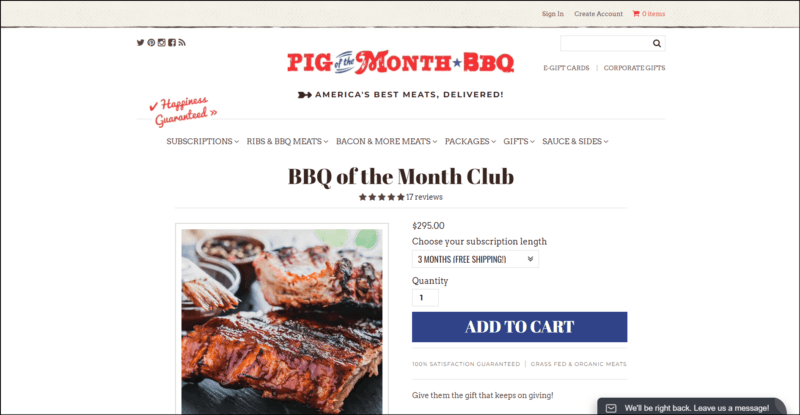 screen shot of Pig of the Month's BBQ of the Month Club's web page with the website's name/logo on top, underneath it is the main navigation menu, in the main content area is the details of the subscription plans accompanied by a closeup image of a bbq ribs