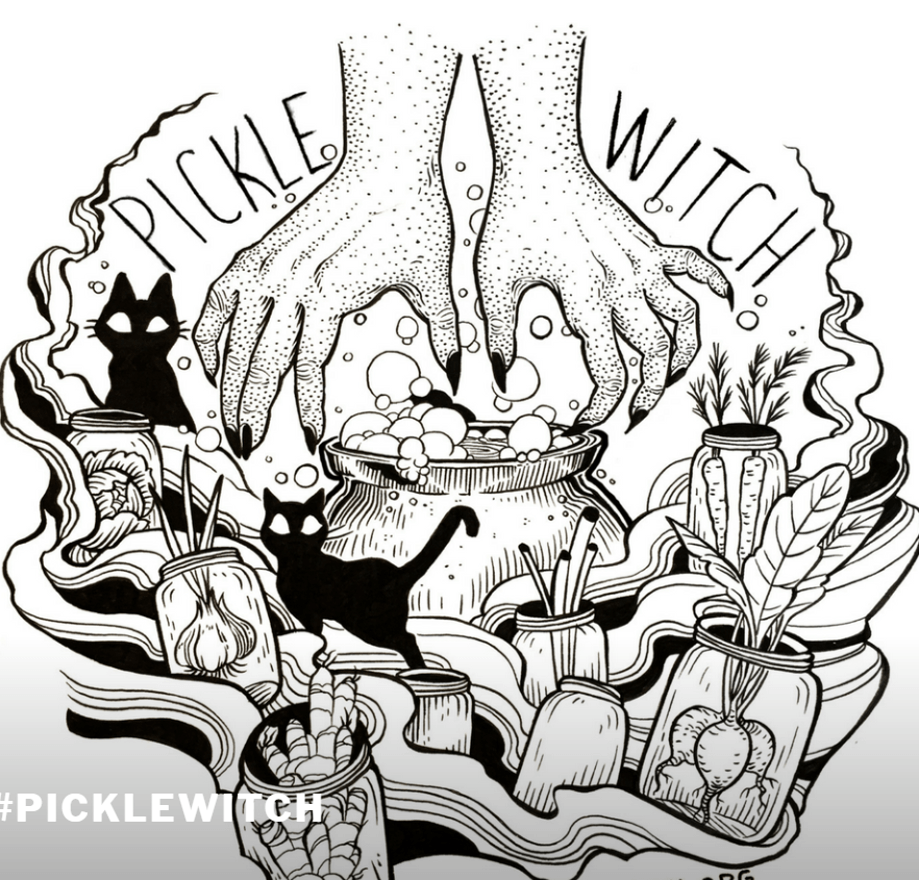 Black and white illustration of two witch hands reaching down to a bubbling cauldron.  Two black cats walking and sitting in the scattered the jars of pickled vegetables.  Lower left corner #PICKLEWITCH