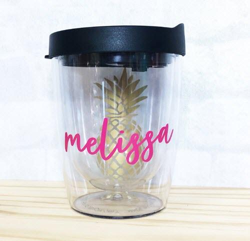 Pineapple Wine Tumbler | Food For Net Tumber with a pineapple, a black lid and the word Melissa
