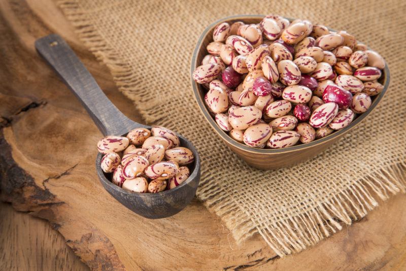 A bowl of pinto beans and a spoon of pinto beans