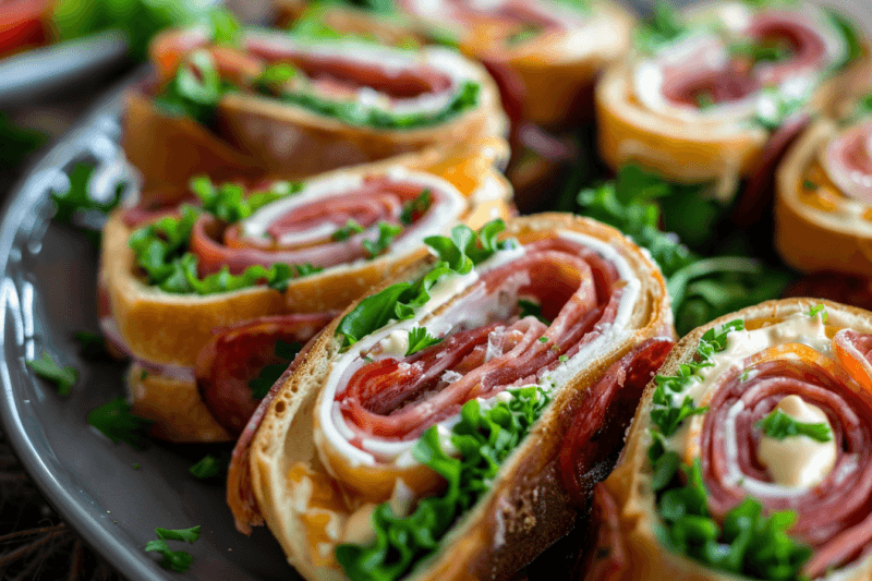 A collection of freshly made pinwheel sandwiches, each featuring meat, greens, and sauce.