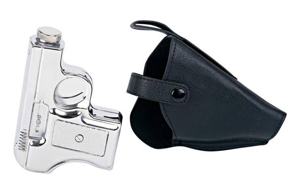 Pistol Hip Flask | Food For Net Stainless steel pistol flask with a leather holder.
