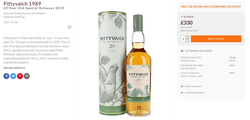 A bottle of Pittyvaich 1889 next to its case with a description and pricing details