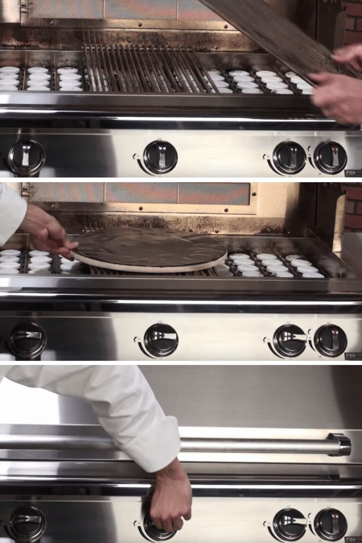 removing grill grates, placing pizza stone, and using gas burners to make pizza on a 3 burner gas grill (3 steps)