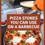 two images one with a pizza stone on a gas barbecue grill and the other image is of a homemade pizza from a backyard grill