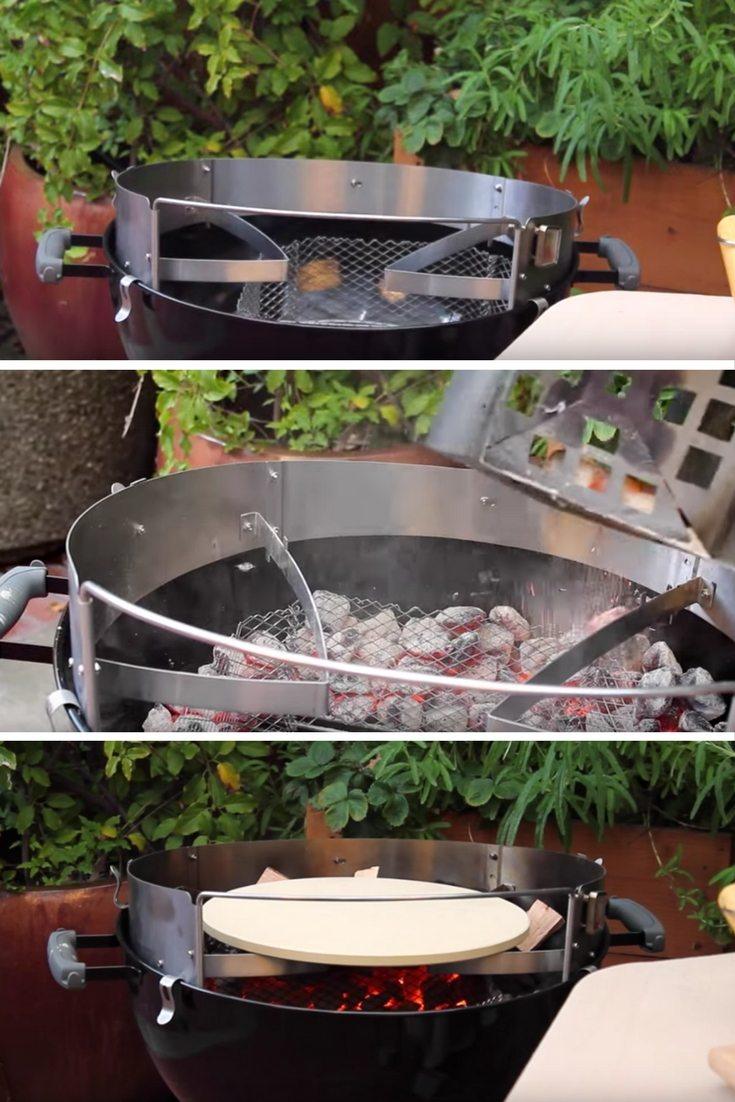 setting up the pizzaque insert and charcoal fence to make wood fired pizza on a charcoal grill