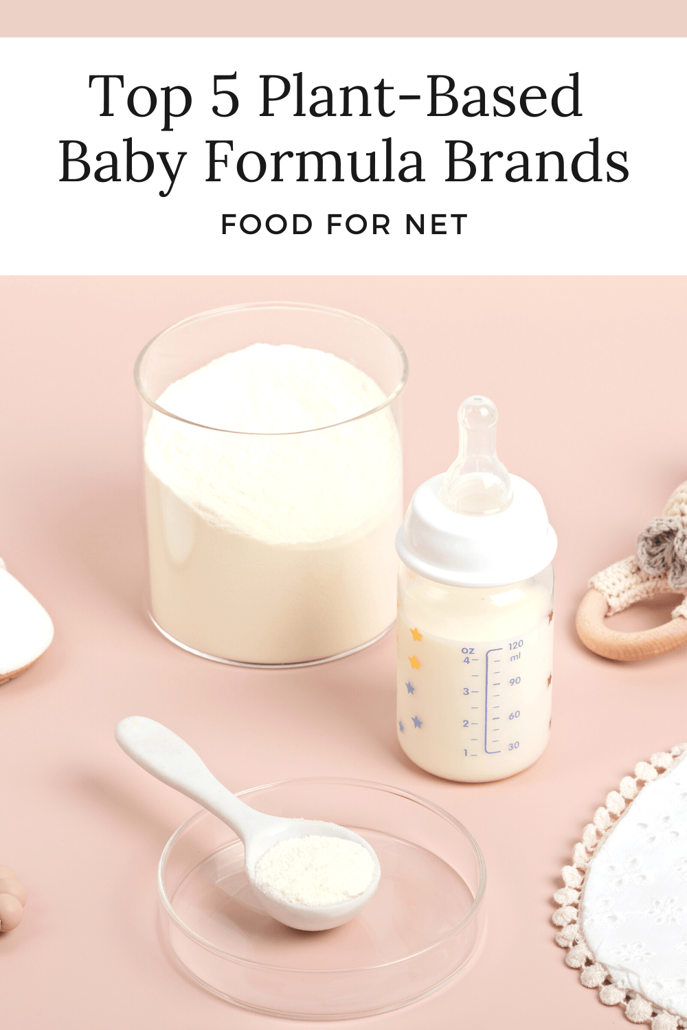 A jar of plant-based baby formula, next to a scoop, a bottle, and other related tools