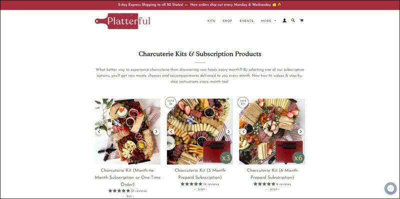 screenshot of Platterful Charcuterie Kits & Subscription's web page, dominantly white page with a red announcement bar on top followed by the company's logo and main menu, page displays the details of the different charcuterie kit subscription plan with accompanying imges.