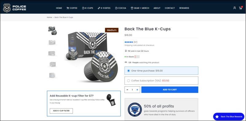 screenshot of Police Coffee Back The Blue K-Cup's web page, mainly white page with dark blue header bearing the website's name and main menu, the page displays the details of the k cup subscription alongside an image of the k cup pods.