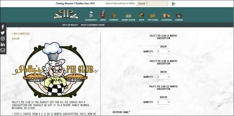 Polly’s Pie Club | Food For Net screenshot of Polly’s Pie Club's web page, a page with white marble design for background, the dark green colored header bears the website's name and main menu, the page is displaying the company's logo along with the details of the pie club membership