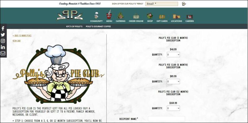 screenshot of Polly’s Pie Club's web page, a page with white marble design for background, the dark green colored header bears the website's name and main menu, the page is displaying the company's logo along with the details of the pie club membership