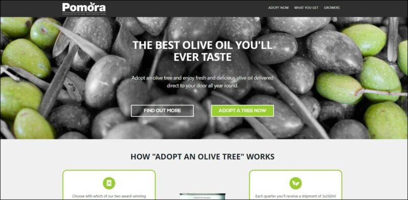 screenshot of Pomora's Adopt An Olive Tree's web page, the black colored header bears the website's name, underneath is a big banner image of fresh olives with text overlay detailing the information about Adopt An Olive Tree