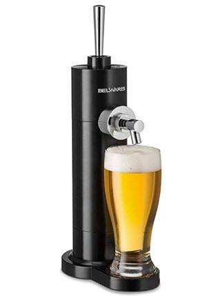 Black beer dispenser pouring into a glass of beer.