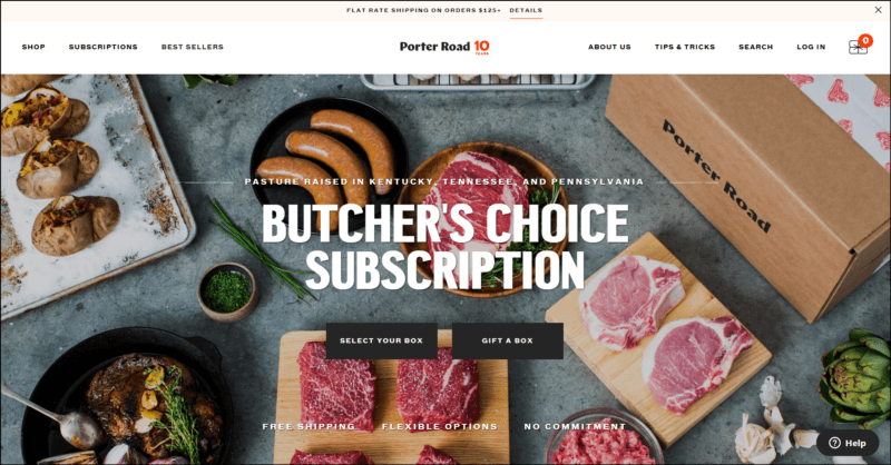 screenshot of Porter Road Butcher's Choice Subscriptions' web page with a beige announcement bar followed by a white header bearing the website's logo/name and navigation menu, the main content area shows an image of a spread of their meat products with text overlay 