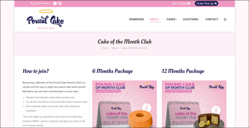 screenshot of Pound Cake Heaven Cake of the Month Club's mainly white page with pink bar on top followed by a white header bearing the website's name and main navigation menu, underneath is a light pink banner with text overlay 