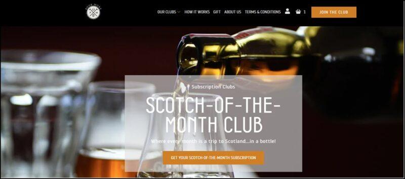 A website screenshot for the Pour More Scotch of the Month club, showing a glass of scotch being poured