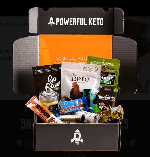 A black box against a black background, filled with various keto treats