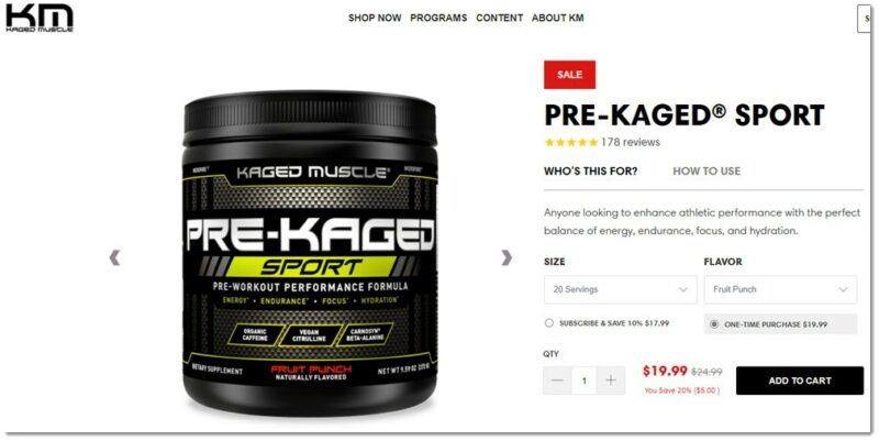 Pre-Kaged Sport, showing details about the supplement and an image of it