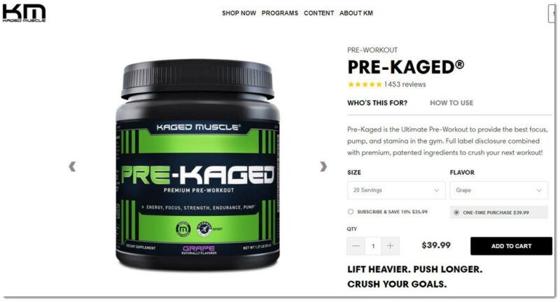 Pre-Kaged Supplement Powder, showing details about the supplement and an image of it