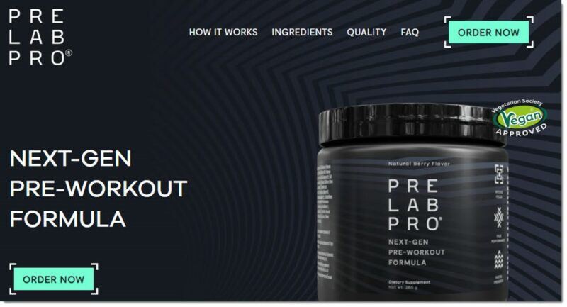 Pre Lab Pro Sports Drink, showing details about the supplement and an image of it