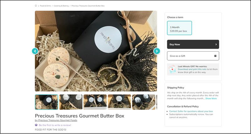 Screenshot of the website for Precious Treasures Butter Subscription