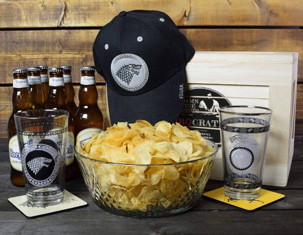 A crate, hat, beer, glasses, coasters themed based on Game of Thrones