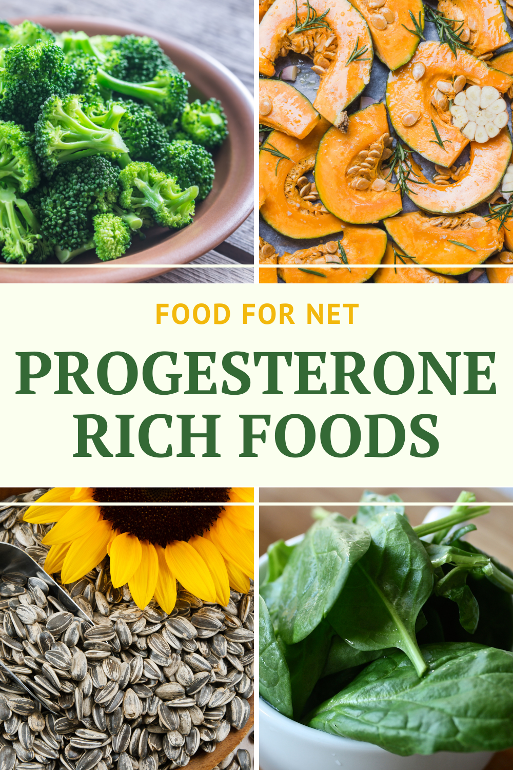 Four types of progesterone rich foods including greens, seeds, and pumpkin