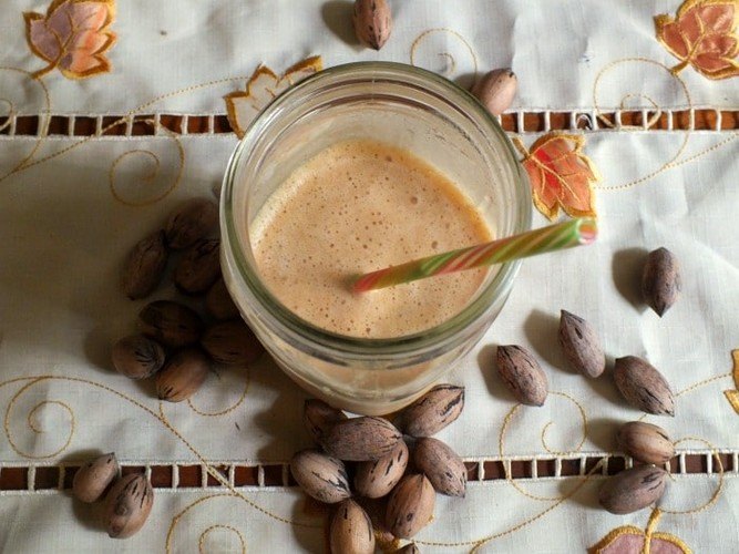 A top down image of a pumpkin smoothie