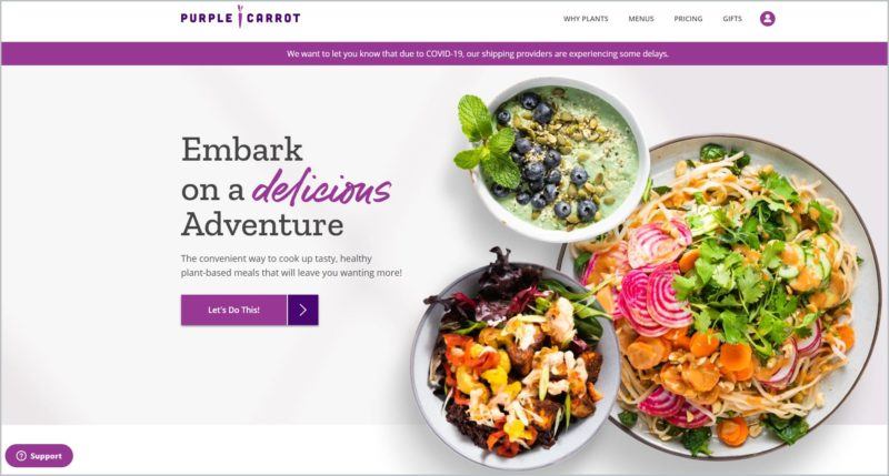 screenshot of Purple Carrot homepage with images of beautifully plated dishes