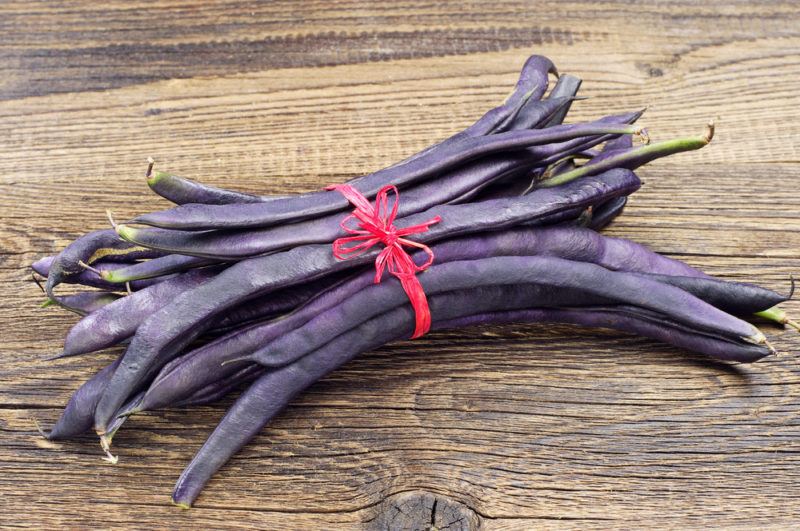 A bundle of purple string beans on a wooden table